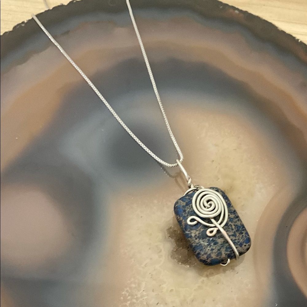 Handmade lapis wire wrapped pendant necklace sterling silver new